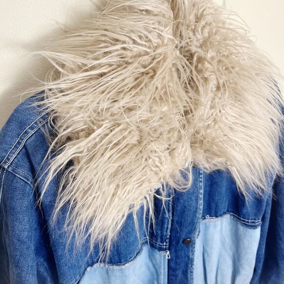 Free People Days to Come Denim Parka Coat Faux Fur Collar  Size M New - Picture 5 of 14